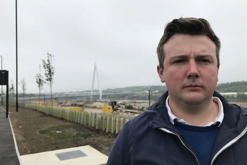 Lib Dem councillor for Pallion Martin Haswell in front of the Northern Spire bridge
