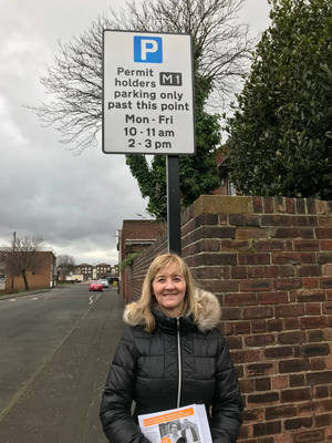 Councillor Julia Potts in the Hospital parking zone in Millfield