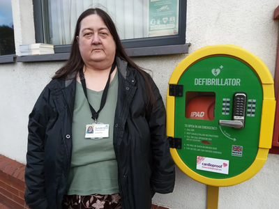 Margaret Crosby with defibrillator